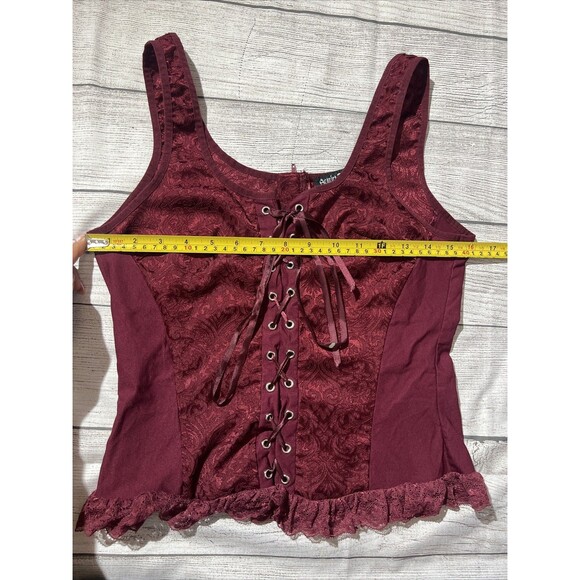 Scarlet Darkness Burgundy Red Victorian Style Cross Ribbon Tie Top Size M - Picture 5 of 6